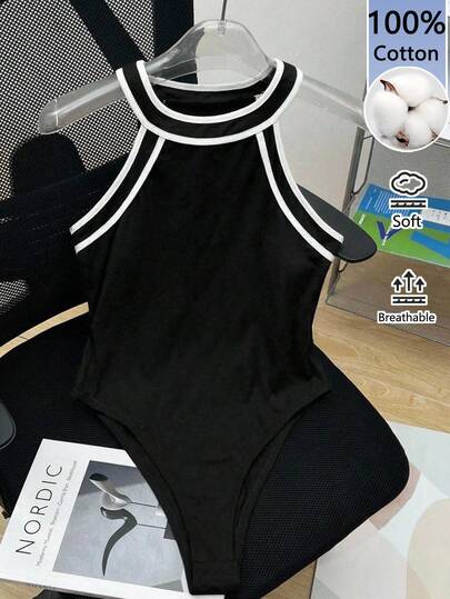 SHEIN LUNE Body de algodón con ribete de color contrastante, body casual deportivo para mujer, body negro