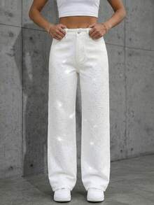 SHEIN ICON Women's Rhinestone Button Pocket Casual Versatile Daily Wear Denim Jeans - White - View 4