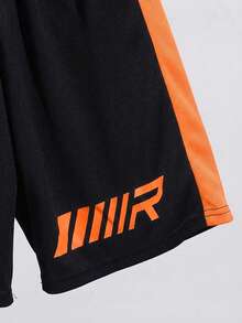 SHEIN 2pcs Tween Boy Splice Sports Textured Vertical Stripe Pattern Short Sleeve T-Shirt And Shorts Set - Orange - View 5
