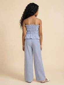 Travachic KIDS Tween Girl Vacation Casual Blue & White Striped Tube Top And Elastic Waist Pants Set,Kids - Multicolor - View 2