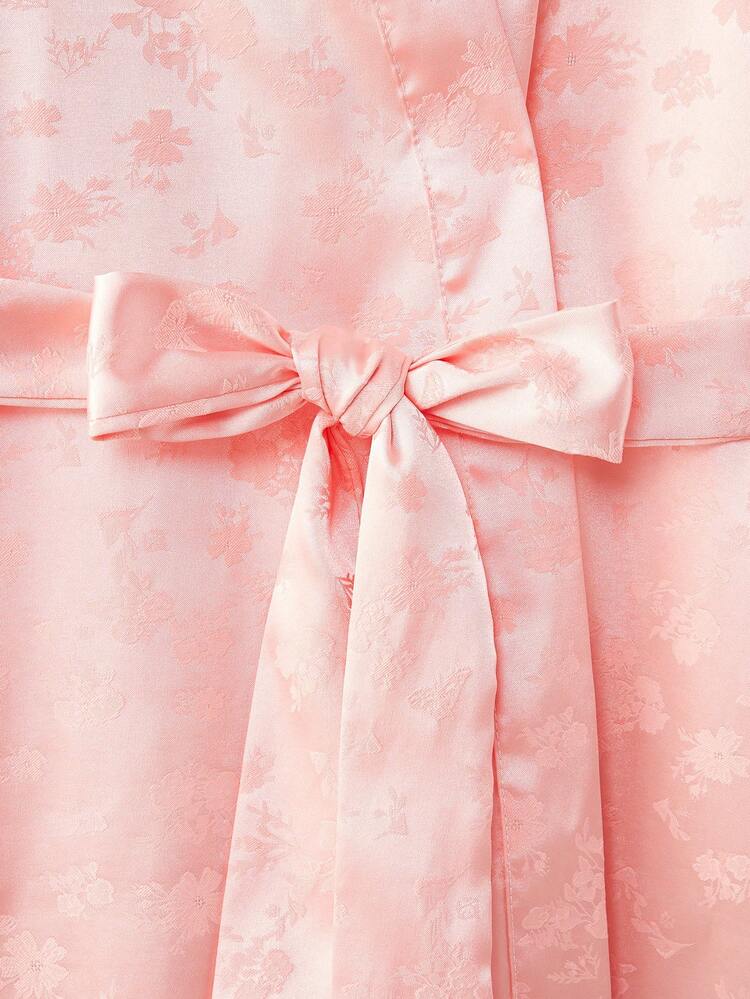 Floral Satin Kimono With Waist Belt, Lounge Kimono In Light Pink Spring Summer French Style Parisian Style Pink Loungwear Pink Satin Sleepwear
