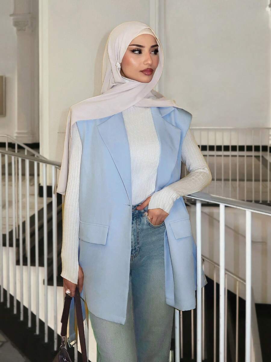 Mulvari Áo blazer không tay dáng rộng, dây buộc eo, vai rộng mới - Màu xanh nhạt - Xem 1