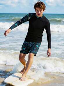 SHEIN 2pcs Teen Boys Casual Vacation Game Console With Night Vision Fluorescent Print Long-Sleeved Swimsuit And Swim Trunks, Suitable For Beach Vacations And Pool Parties, Perfect For Spring And Summer. - Black - View 7
