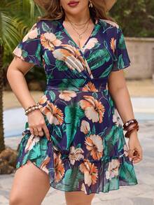 Swim Lushoire 2026 Nouvelle Robe de Plage d'Été Décontractée à Imprimé Tropical Col V Volants Ourlet, Grandes Tailles - Multicolore - Voir 1