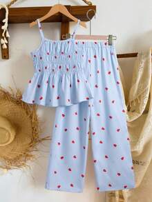 SHEIN 女童条纹蝴蝶结吊带背心和直筒裤夏季度假装 - 藍色 - 查看 2