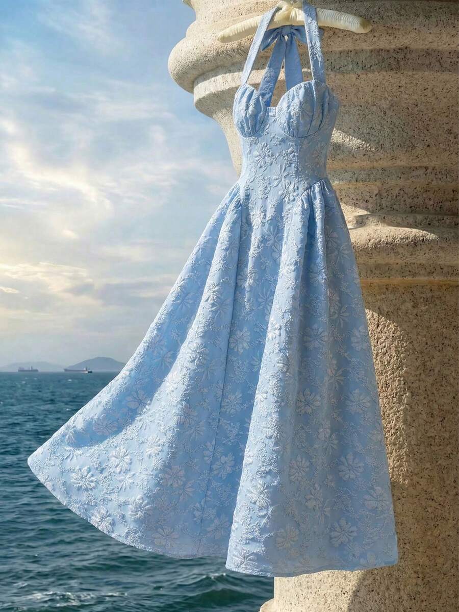 Franclia Đầm chữ A thanh lịch, tinh tế, lãng mạn dành cho nữ, kiểu cổ yếm buộc dây, chất liệu jacquard, màu xanh nhạt, thích hợp cho mùa xuân/hè. - Màu xanh lam - Xem 1