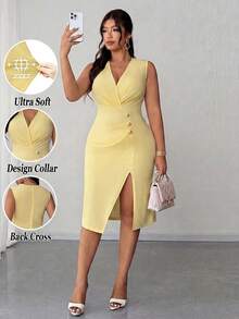 Elenzga Plus Size Women's Elegant Casual V-Neck Sleeveless Waist Cinched Button Decor Bodycon High Slit Dress, Spring/Summer - Yellow - View 1