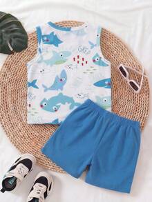 Baby Boy Letter & Fish Print Round Neck Top And Shorts Casual Daily Outfit - White - View 3