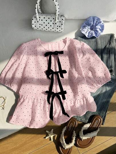 Comfortcana Blusa de talla grande con cuello redondo, mangas de pétalo, lunares y decoración de lazo en color rosa