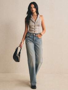 Poéselle Women's Plaid Halter Backless Single-Breasted Casual Versatile Blouse For Dates & Outings Affordable Tops For Women Bussines Casual Tops Business Casual Women Tops - Khaki - View 6