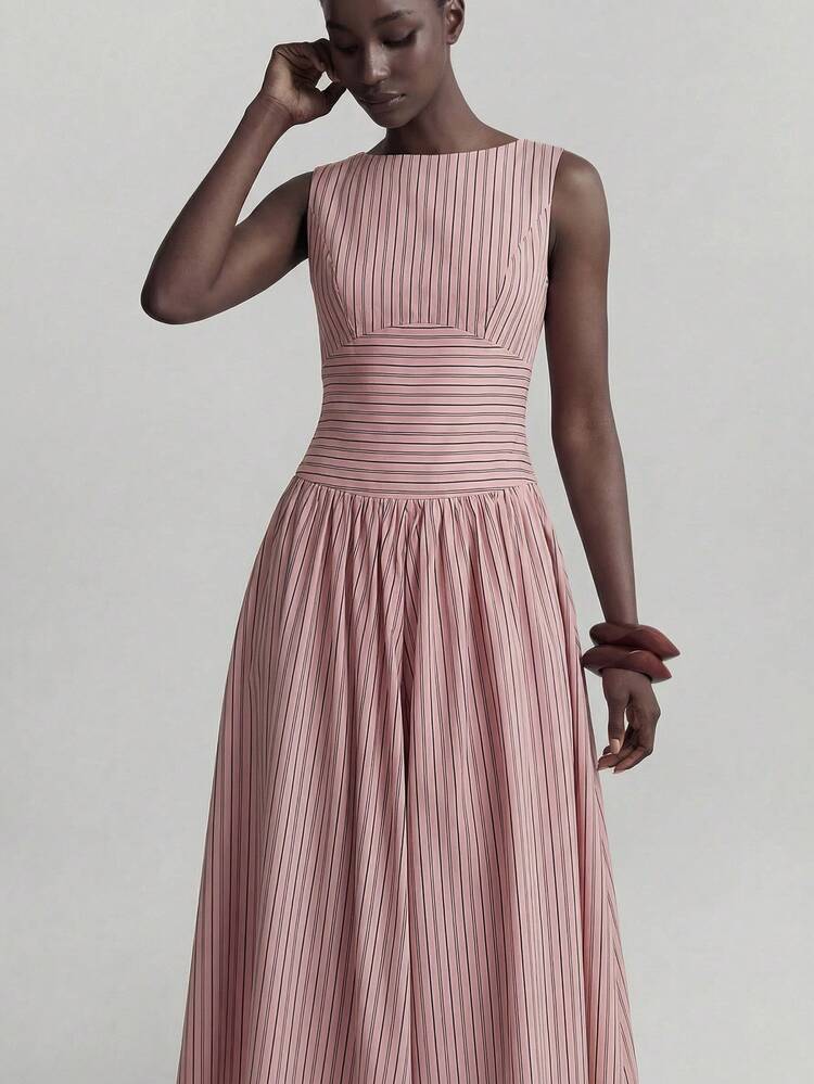 2026SS New Arrival Spring Women's Striped Patchwork Elegant Lady Striped Round Neck Sleeveless Ruched Waist Casual Maxi Dress, Daily Wear, Easter Dress, Summer Dress, Graceful Dress, Casual Maxi Dress, Vacation Dress, Wedding Event Dress,Pink Dress