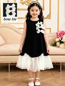 SHEIN Elladie kids 女童春夏新款简约优雅连衣裙，浅桃色3D蝴蝶结缎带，黑色梭织面料拼接浅桃色网纱不对称下摆无袖连衣裙，适合年轻女孩，简约优雅的女士风格，适合日常、上学、外出、度假等春夏穿着。儿童连衣裙，蓬蓬裙，女童连衣裙，黑白儿童连衣裙，蝴蝶结连衣裙，黑白女童连衣裙，幼儿女童夏季服装。柔软连衣裙。 - 黑色 - 查看 5