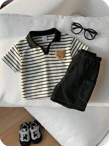SHEIN 2件套男婴可爱休闲条纹polo衫和白色短裤套装，适合生日派对、晚宴、演出、婚礼、迎婴派对、一周岁生日庆祝活动。 - 黑色 - 查看 1