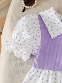 SHEIN Playful Pals Bộ đồ 2 mảnh cho bé gái, được làm từ chất liệu cao cấp và họa tiết chấm bi ngộ nghĩnh, mang đến phong cách tối giản thời trang. Áo tay phồng cổ bèo kết hợp với quần ống loe. Thích hợp cho các hoạt động ngoài trời, mặc nhà thoải mái, thể thao và các bữa tiệc sang trọng, giúp công chúa nhỏ của bạn tỏa sáng trong mọi dịp. - Màu tím - Xem 8
