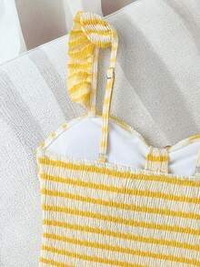 Bộ đồ bơi liền thân cho bé gái tuổi teen, màu vàng và trắng kẻ sọc, chất liệu vải co giãn đặc biệt. - Màu vàng - Xem 5