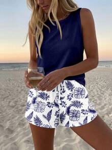 Sylviya Women's Casual Round Neck Tank Top And Shorts 2 Pieces Set, Suitable For Summer - Multicolor - View 4