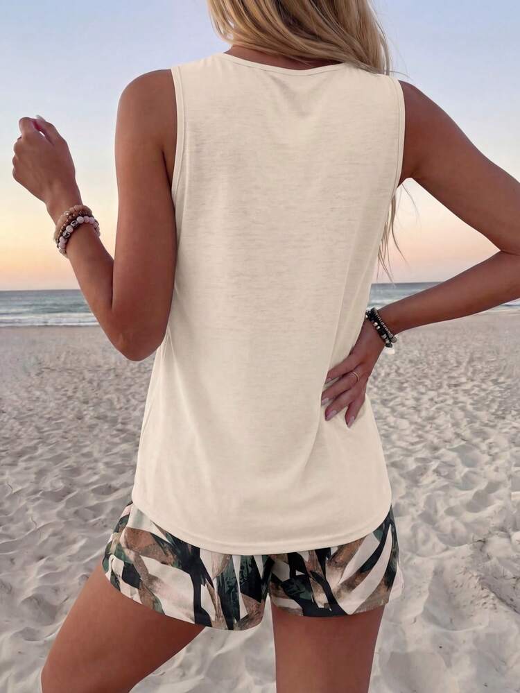 2pcs Women Summer Pattern Round Neck Sleeveless Cami Top And T-Shirt Set,Casual,Beach Outfit For Women