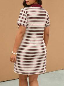 Elaquor Plus Size Casual Striped Short Sleeve Dress - Burgundy - View 2