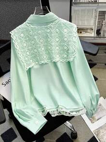 Franclia Casual Loose Lace Trim Tie Collar Long Sleeve Shirt, Yellow For Women, Autumn/Winter Blouse For Women Elegant Classy Women's Tops And Blouses Lace Shirts For Women Blouses For Teens Blouses For Women New Formal Attire - Green - View 2