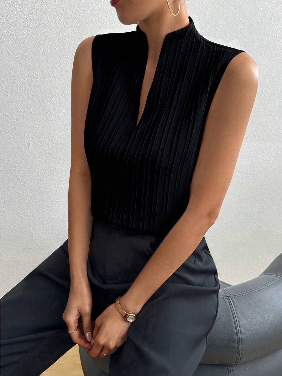 Rafferiza Camisa sin mangas de unicolor y estilo minimalista para mujer, uso casual de todos los días - Negro - Ver 1