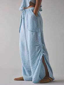 Breezaya Plus Size Women Elastic Waist Loose Straight Leg Long Pants - Baby Blue - View 1
