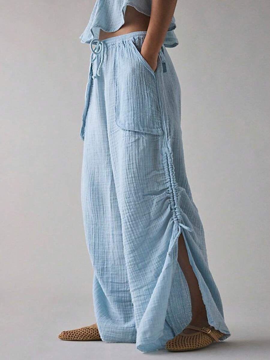 Breezaya Plus Size Women Elastic Waist Loose Straight Leg Long Pants - Baby Blue - View 1