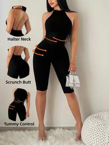 BamGleam 无缝针织露背性感吊带连体裤 - 黑色 - 查看 5