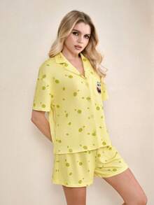 SpongeBob SquarePants | SHEIN 女士卡通印花睡衣套装 - - 黃色 - 查看 3