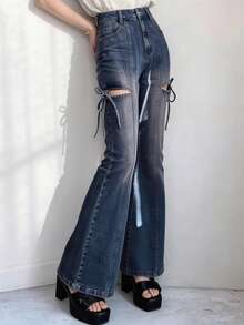 FRIFUL Women's Casual Washed Hollow Lace-Up Flare Leg Jeans - Blue - View 3