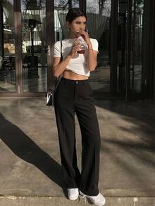 DAZY Women's Elegant Solid Color Flared Pants, Korean Style - Black - View 3