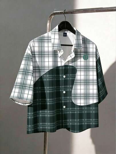 Chillumni Unisex Retro Street U-Letter Print Patchwork Plaid Short Sleeve Shirt, Music Festival Shirt