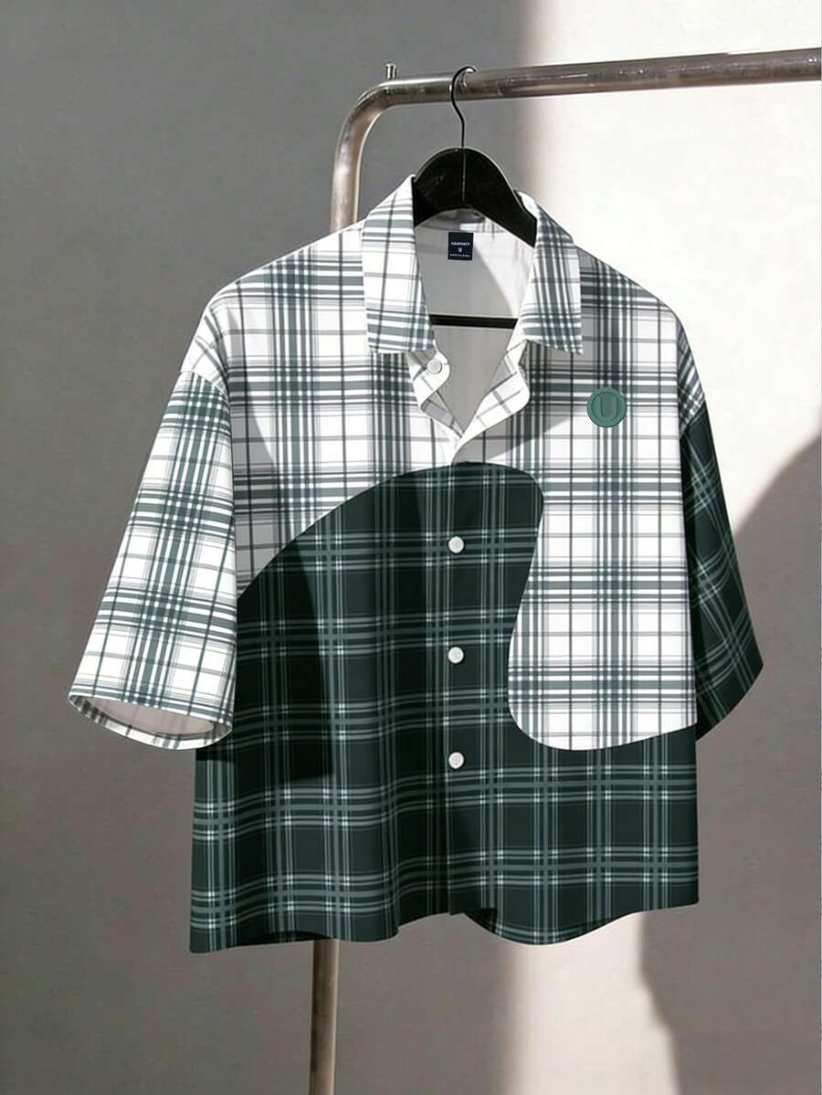 Chillumni Áo sơ mi ngắn tay unisex phong cách retro đường phố in chữ U, họa tiết kẻ caro ghép mảnh, thích hợp cho lễ hội âm nhạc. - Nhiều màu - Xem 1