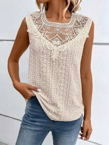 SHEIN LUNE Guipure Lace Insert Keyhole Back Tank Top - Apricot - View 6