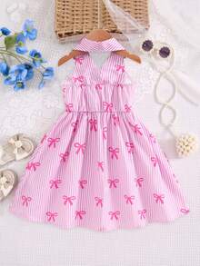 SHEIN Elladie kids 女童夏季新款时尚Polo领露背吊带束腰甜美度假风连衣裙，少女正式礼服 - 粉色 - 查看 2