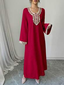 Al Najma Women's Embroidered Floral Arabic Style Maxi Abaya,Elegant Wedding Guest Formal Loose Kaftan - Red - View 5
