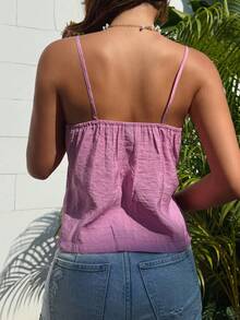 DAZY Floral Embroidered Tie-Front Frill Trim Casual Beach Vacation Summer Tank Top For Women Boho - Purple - View 7