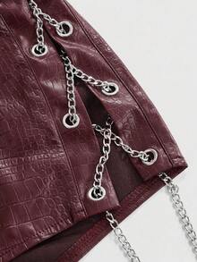 ROMWE Grunge Punk 女士复古辣妹机车风PU露背吊带背心和超低腰迷你紧身短裤两件套 - 酒紅色 - 查看 7