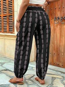 SHEIN LUNE Celana Harem Pinggang Elastis Motif Ukuran Besar, Celana Kasual untuk Liburan Musim Gugur - MultiWarna - View 2