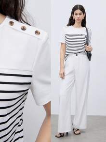 BizChic Camiseta de manga corta con decoración de hebilla metálica a rayas para mujer, top básico para salir, oficina, casual de negocios - Blanco y Negro - Ver 4