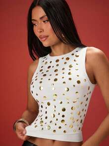 Denimoi Round Metallic Hardware Detail Scoop Back Top Sexy Tops Fashionable Tops Concert Outfits - White - View 3