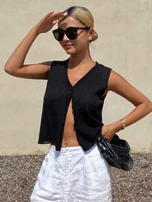 DAZY Áo dệt kim không tay cổ chữ V màu trơn dành cho nữ, trang phục thường ngày cho kỳ nghỉ hè. - màu đen - Xem 4