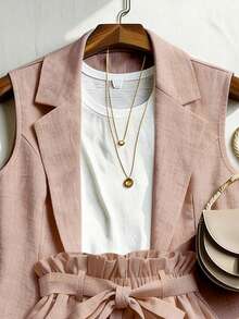 Franclia Women's Elegant Dusty Pink Summer 2 Pieces Set,Ruffled Tie-Waist Shorts,Loose Fit Blazer Shorts Set,Chic Holiday Vacation Holiday Outfit For Women - Pink - View 5