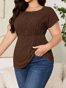Reflora Plus Size Women Solid Color Round Neck Pleated Casual Versatile Daily Wear Blouse - Brown - View 1