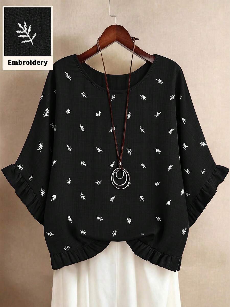 SHEIN EMERY ROSE CURVE 大码圆领短袖刺绣荷叶边下摆夏季时尚衬衫 - 黑色 - 查看 1