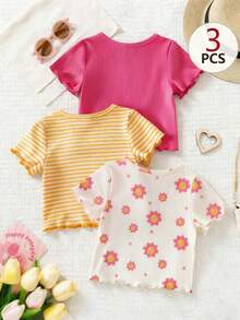 SHEIN 3件套女婴（6个月-2-3岁）甜美活力/清新少女风罗纹面料+花卉条纹印花+荷叶边短袖T恤，轻盈可爱，适合日常穿着、上学、生日派对、野餐、女婴节、春夏秋季等场合。 - 彩色 - 查看 2