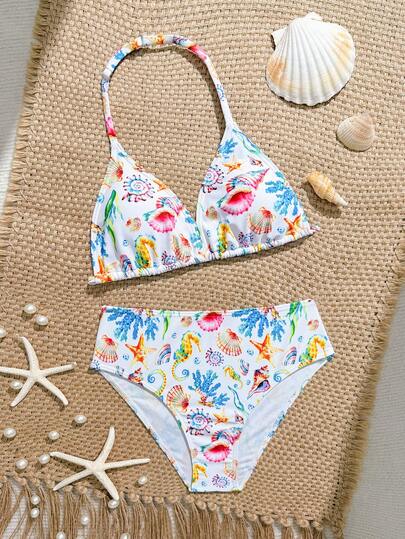 SHEIN 少女彩色海洋生物印花针织比基尼套装，两件套泳衣，时尚休闲优雅，适合游泳、度假和夏季穿着