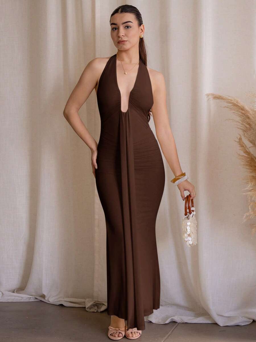 Andrea Bello Đầm maxi màu vàng kem gợi cảm cổ chữ V sâu, kiểu yếm, thanh lịch dành cho nữ, thích hợp cho mùa xuân/hè. Đầm màu nâu gợi cảm cổ yếm, đầm nâu sang trọng, dự tiệc. - Cà phê nâu - Xem 1