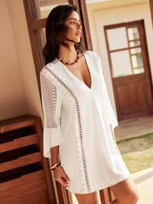 Lullawish Women's Solid Color V-Neck Hollow Casual Nightgown For Daily Wear - White - View 3