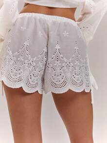 SHEIN BAE Women's White Summer Boho Beach Vacation Holiday Linen Embroidered Floral Tie-Front Shorts,Loose-Fitting Elastic Waistband Wide-Leg Openwork Shorts - White - View 8