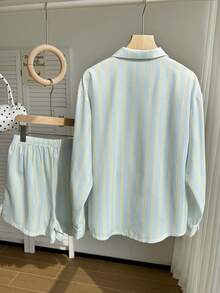 SHEIN Women's 2pcs Casual Striped Shirt & Shorts Set,Long Sleeve Turn-Down Collar Button Up Top,Loose Fit Outfit For Autumn,Cute Holiday Back-To-School - Multicolor - View 2